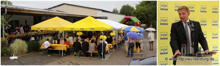 Bild links: Gut besuchtes Sommerfest der FDP OF Land. Bild rechts: Christian Lindner, stellv. Bundesvorsitzender der FDP und Vorsitzender der FDP NRW. 